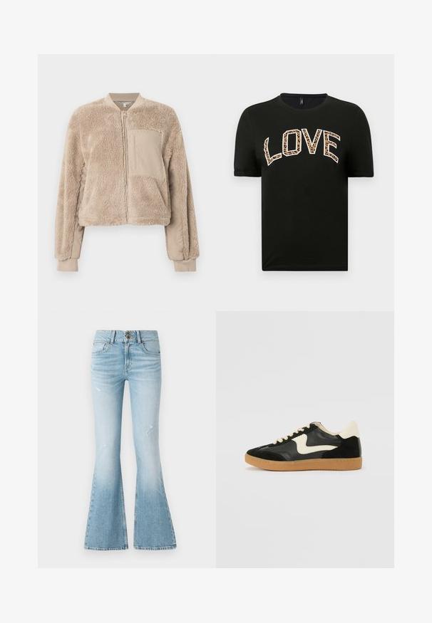 Beige bomberjakke med blød, fluffy tekstur på kroppen og glat stof på ærmerne. Har en forlommer og ribstrikkede manchetter.; Sort kortærmet t-shirt med rund halsudskæring, der har ordet "LOVE" skrevet med hvide og leopardmønstrede bogstaver.; Lyseblå denim flared jeans med høj talje, der har diskrete slidninger, to-knaps lukning og et klassisk fem-lomme design.; Sorte ruskinds- og lædersneakers med en cremefarvet side-swoosh og lys cremefarvet hæl. Har beige snørebånd og en gummirubber-sål.