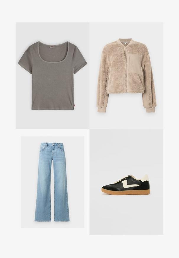 Veste aviateur beige avec une texture douce et duveteuse sur le corps et un tissu lisse sur les manches. Comprend une poche avant et des poignets côtelés.; T-shirt gris à côtes avec des manches courtes et un large col en scoop. Présente un ourlet droit et une petite étiquette de logo sur le côté.; Jean en denim bleu clair taille haute avec jambes larges, bouton et fermeture éclair à l'avant, style classique cinq poches.; Baskets en daim et cuir noir avec un swoosh latéral crème et un talon crème clair. Dotées de lacets beige et d'une semelle en caoutchouc gomme.
