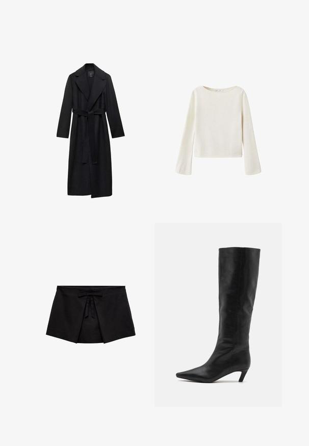 Sort uldblanding lang frakke med bælte i taljen, brede klapper og lange ærmer. Har et rent, minimalistisk design og en afslappet silhuet.; Off-white langærmet sweater med bred rund halsudskæring og let udvidede ærmer, lavet af blødt strikket stof.; Sort mini nederdel i omslagsstil med frontfælde detaljer og en lille bundet sløjfe ved taljen.; RAID FLAURA - Høje støvler/ Støvler - black