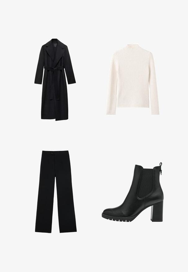 Schwarzer Wollmischung langer Mantel mit Taillengürtel, breiten Revers und langen Ärmeln. Verfügt über ein sauberes, minimalistisches Design und eine lockere Silhouette.; Gerippter Rollkragenpullover in Off-White, aus weichem Strickstoff. Mit langen Ärmeln und einer schmeichelhaften Passform.; Schwarze weit geschnittene Hosen aus glattem Stoff, mit einem Frontknopfverschluss und zwei Falten für zusätzliche Details. Maßgeschneiderter Gesamteindruck.; Tamaris CHELSEA - Plateaustiefelette - black