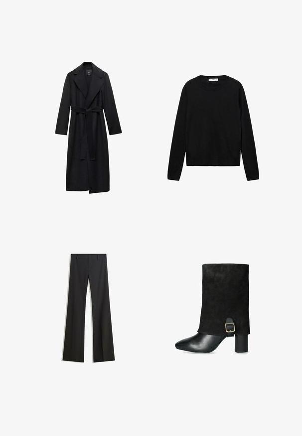 Sort uldblanding lang frakke med bælte i taljen, brede klapper og lange ærmer. Har et rent, minimalistisk design og en afslappet silhuet.; Sort langærmet sweater lavet af blødt materiale med rund hals og ribbede manchetter, med et enkelt og lige snit design.; Sorte, flarede bukser med en glat tekstur, der har en skræddersyet pasform og en talje. Ingen synlige mønstre eller udsmykninger.; Sorte ankelstøvler med en overdel af ruskind, spids tå, kraftig hæl og en dekorativ spænde på siden, med en glat lædertå-hætte.