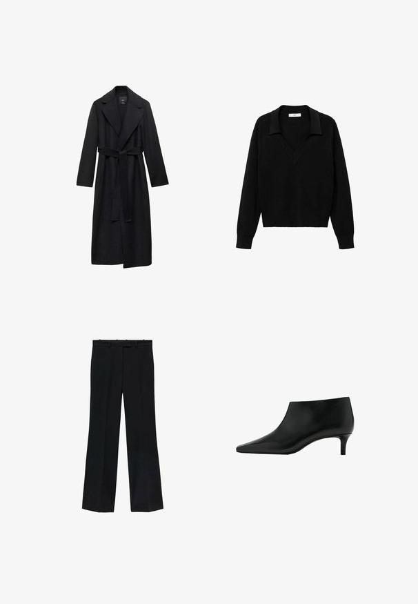 Sort uldblanding lang frakke med bælte i taljen, brede klapper og lange ærmer. Har et rent, minimalistisk design og en afslappet silhuet.; Sort pullover sweater med V-udskæring og krave. Lavet af blødt stof, den har lange ærmer og en afslappet pasform.; Sorte bukser med lige pasform, lavet af glat stof. Har en talje med bæltestropper og ingen synlige mærker eller dekorationer.; Sort læderankelstøvle med spids tå og lavt kittenhæl, designet til elegant og formelt brug.
