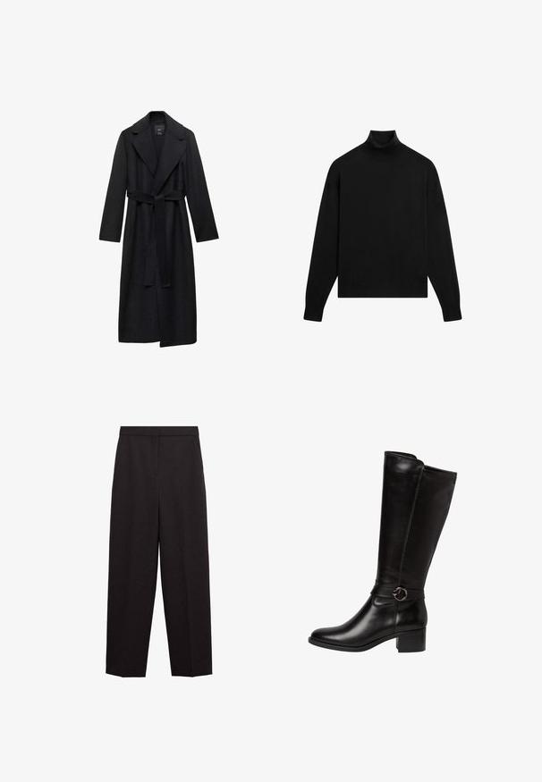 Zwarte wollen blend lange jas met een ceintuur in de taille, brede revers en lange mouwen. Heeft een schone, minimalistische stijl en een relaxte pasvorm.; Zwarte coltrui met lange mouwen, een aansluitende kraag en geribde manchetten op een witte achtergrond.; Zwarte op maat gemaakte broek met een hoge taille, rechte pijpen, zijzakken en een verborgen voorsluiting.; Zwarte leren kniehoog laars met een ronde neus, een decoratieve band met een ronde gesp en een lage blokhak. Glad, glanzend oppervlak.