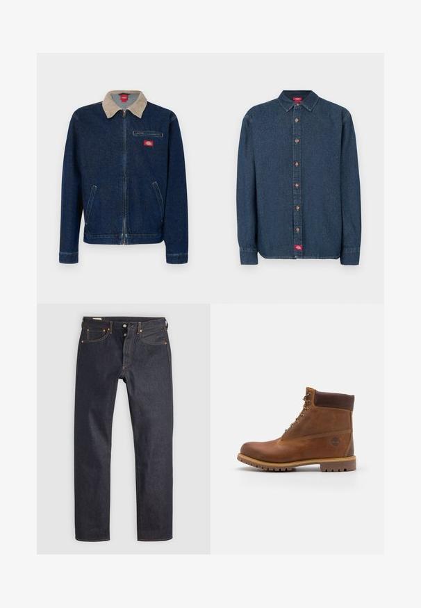 Donkere blauwe spijkerjas met een beige ribfluwelen kraag en ritssluiting. Voorzien van één borstzak en twee zijzakken.; Donkerblauw denim overhemd met knopen, een spitse kraag, lange mouwen en koperen knopen. Heeft een klein rood label aan de linkerkant.; Donkerblauwe spijkerbroek met een rechte pijp, voorzien van oranje stiksel en klassieke vijfzakkenstijl. Knop- en ritssluiting.; Bruine leren wandelschoen met een gladde afwerking, gevoerde enkel, metalen oogjes en een rubberen zool met een robuust profiel.