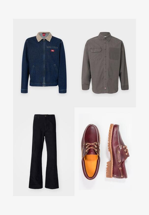 Jeansjacke in Dunkelblau mit beigem Cordkragen und Reißverschluss. Verfügt über eine Brusttasche und zwei Seitentaschen.; Dunkelgraues Hemd mit langen Ärmeln, Knopfleiste, Kragen, zwei Brusttaschen (eine mit Klappe) und kleinem Logoetikett am Saum.; Schwarze, baumwollene Schlaghose mit traditionellem Bund, einem einzelnen vorderen Knopf und Taschen an den Seiten und hinten. Glatte Textur.; Bordeauxfarbene Lederschuhe mit braunen Gummisohlen, runder Zehenform, weißen Nähten und goldenen Ösen. Das Innenfutter weist eine gelbe Beschichtung auf.