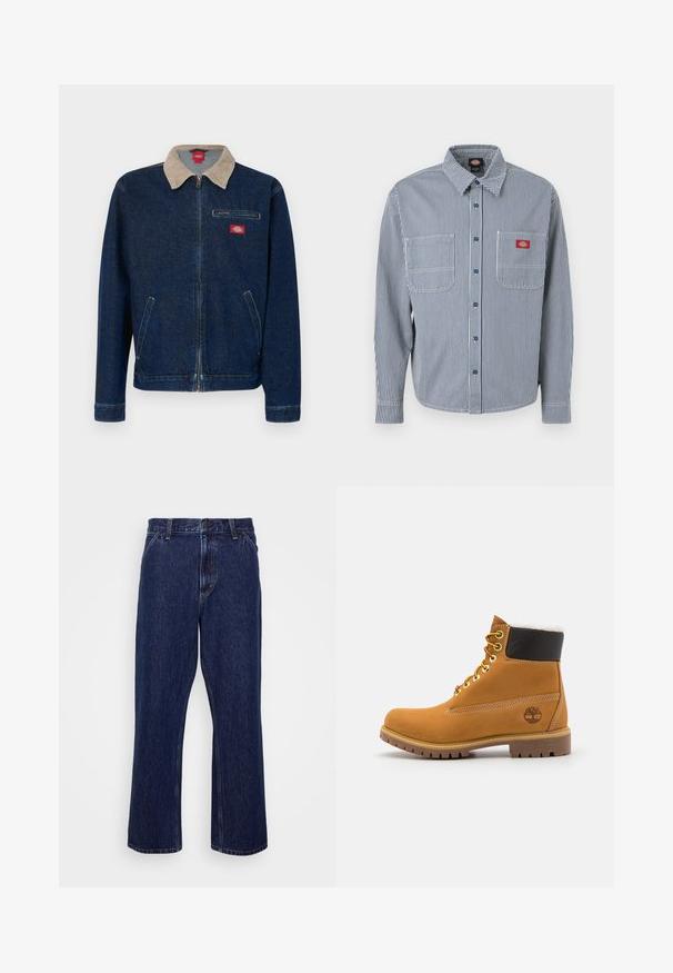 Denimjakke i mørkeblå med en beige fløjlsblød krave og lynlåslukning. Har en brystlomme og to sidelommer.; Langærmet skjorte med knapper, blå og hvide lodrette striber, to brystlommer og en rød logo på venstre lomme.; Mørkeblå denim jeans med lige ben-design, der har knaplukning, fem lomme-stil og diskrete syninger.; Brune læder ankelstøvle med metaløjer, hvid pelsforing, sort polstret krave, robust sål og præget logo på siden.