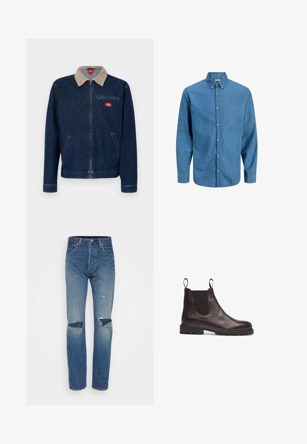 Denimjakke i mørkeblå med en beige fløjlsblød krave og lynlåslukning. Har en brystlomme og to sidelommer.; Blå skjorte med knapper, lavet af denim, med krave og lange ærmer. Ensartet tekstur med synlige knapper ned ad fronten.; Lyseblå slidte jeans med lige ben, frynsede knæudskæringer og klassisk fem-lomme styling med metalhardware.; Brune læder Chelsea-støvle med elastiske sidepaneler, struktureret finish og robust sort gummisål med notcher for greb.
