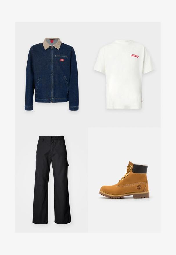 Veste en jean bleu foncé avec col en velours côtelé beige et fermeture éclair. Comprend une poche poitrine et deux poches latérales.; T-shirt blanc en coton à manches courtes, avec un petit logo rouge "DICKIES" sur la partie gauche de la poitrine. Design décontracté et coupe ample.; Pantalons larges noirs en tissu durable. Fermeture à bouton et poches latérales. Texture lisse avec un design épuré.; Bottine en cuir brun avec œillets en métal, doublure en fourrure blanche, col rembourré noir, semelle robuste et logo en relief sur le côté.