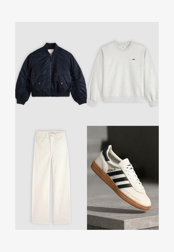 Marineblauw bomberjack met ritssluiting aan de voorkant, twee schuine klepzakken met knopen, geribde kraag, manchetten en tailleband, plat neergelegd.; Lichtgrijze crewneck-sweatshirt met lange mouwen en een klein rood Levi's-logo op de linkerborst.; Rechte off-white jeans met voorzakken, riemlussen en een knoopsluiting op een effen achtergrond.; Witte suède sneakers met marineblauwe strepen, rubberen gumzool, gestructureerde bovenkant, ronde neus en veters; heeft branding aan de zijkant en op de tong.