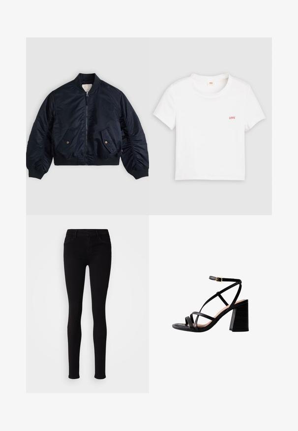 Veste bomber bleu marine avec fermeture éclair frontale, deux poches à rabat inclinées avec boutons, col, poignets et ourlet côtelés, posée à plat.; T-shirt blanc à manches courtes en coton avec une texture côtelée. Présente un petit logo rouge "LEVI'S" sur la poitrine gauche.; Pantalons slim fit noirs avec fermeture à bouton, passants de ceinture et poches avant, présentés sur un fond clair et uni.; Des sandales à talons noirs avec une texture crocodile, affichant de fines lanières croisées, une bride de cheville avec une boucle dorée et un talon bloc.