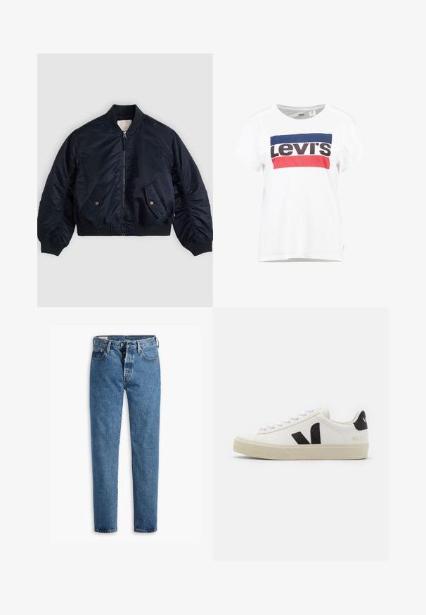 Marineblauw bomberjack met ritssluiting aan de voorkant, twee schuine klepzakken met knopen, geribde kraag, manchetten en tailleband, plat neergelegd.; Witte katoenen t-shirt met korte mouwen en een ronde hals, met een centraal ontwerp van het Levi's-logo in blauw, rood en zwart.; Lichtblauwe spijkerbroek met een rechte snit, vijf zakken en een standaard knoopsluiting. Heeft oranje stiksels en een licht vervaagde textuur.; Witte leren sneaker met zwart rubberen V-logo. Getextureerde off-white zool, witte veters en een achterkant met een detail van de merknaam in het zwart.