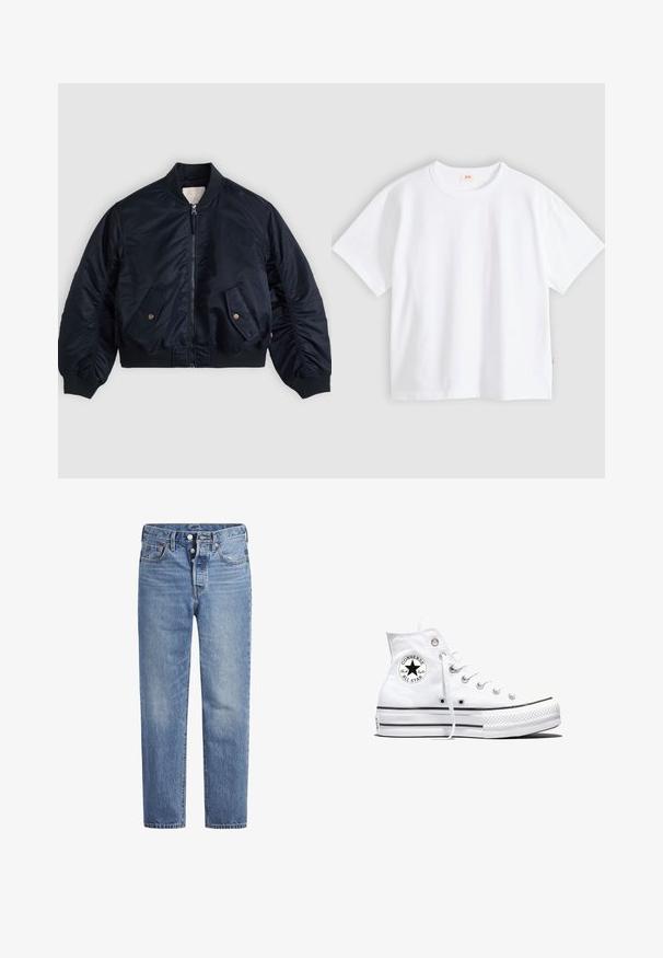 Veste bomber bleu marine avec fermeture éclair frontale, deux poches à rabat inclinées avec boutons, col, poignets et ourlet côtelés, posée à plat.; T-shirt en coton blanc à manches courtes, col rond, coupe décontractée, texture lisse, avec une petite étiquette logo sur la couture latérale gauche.; Jeans en denim bleu clair avec une coupe droite, un design à cinq poches et un bouton pression. Présentent une légère décoloration et des coutures orange en accent.; Baskets montantes blanches Converse Chuck Taylor All Star avec patch logo noir et lacets blancs, présentées sur fond blanc.