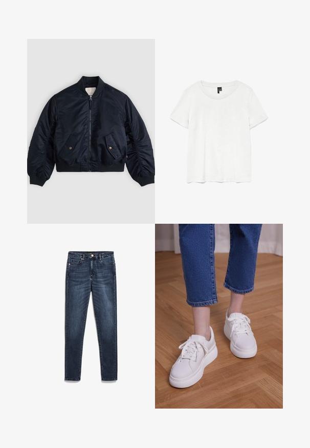 Marineblaue Bomberjacke mit Frontreißverschluss, zwei seitlich schrägen Pattentaschen mit Knöpfen, geripptem Kragen, Bündchen und Bund, flach ausgelegt.; Weißes T-Shirt mit kurzen Ärmeln und rundem Ausschnitt, hergestellt aus leichtem Stoff. Schlichtes Design, glatte Textur und gerader Saum.; Dunkelblaue Denim-Jeans im Slim-Fit-Schnitt mit Reißverschluss, fünf Taschen und subtilen Ausbleichungen im gesamten Stoff.; Beine, die kurze blaue Jeans und weiße Schnür-Plateausneaker tragen und auf hellem Holzboden stehen.