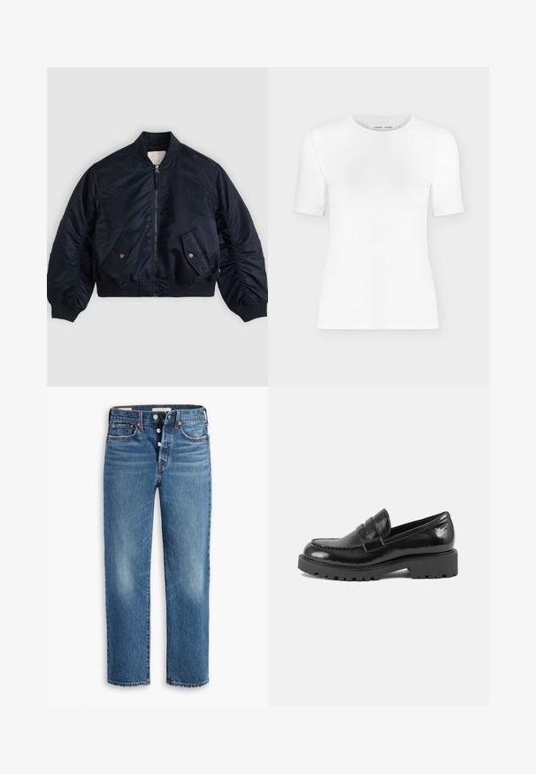 Cazadora bomber azul marino con cremallera frontal, dos bolsillos con solapa inclinada y botones, cuello, puños y cintura de canalé, extendida sobre una superficie.; Camiseta blanca de manga corta con cuello redondo, ajuste slim y textura de tejido acanalado, mostrada sobre un fondo liso gris claro.; Jeans de denim azul con un diseño de pierna recta, que presentan un cierre de botón, cinco bolsillos y una textura ligeramente descolorida en la parte delantera.; Mocasin de charol negro con punta estructurada, tira decorativa en el empeine y suela gruesa y robusta. Acabado suave y brillante.