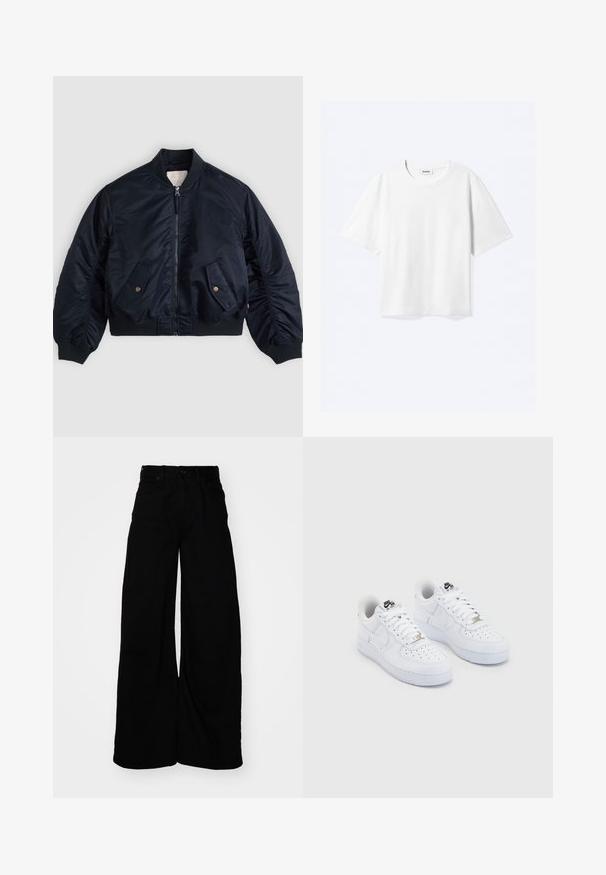 Cazadora bomber azul marino con cremallera frontal, dos bolsillos con solapa inclinada y botones, cuello, puños y cintura de canalé, extendida sobre una superficie.; Camiseta blanca de manga corta con cuello redondo y dobladillo recto, con etiqueta de la marca "WEEKDAY" dentro del escote.; Pantalones de denim negros de pierna ancha con una cintura alta, que cuentan con pasadores para cinturón, cinco bolsillos y un acabado limpio y texturizado.; Zapatillas Nike Air Force 1 blancas con una parte superior de cuero suave, puntera perforada, cordones blancos y un logotipo negro en la lengüeta.