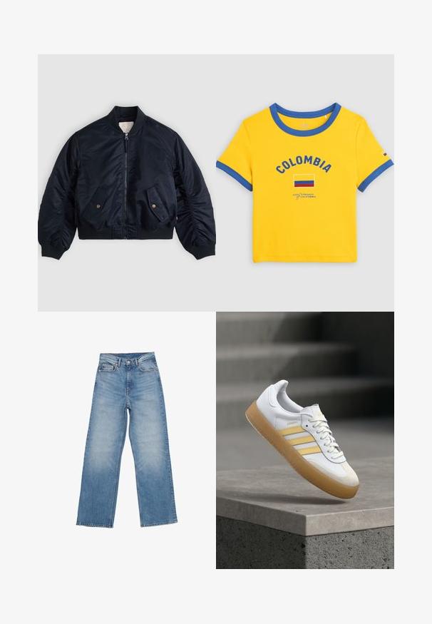 Marineblaue Bomberjacke mit Frontreißverschluss, zwei seitlich schrägen Pattentaschen mit Knöpfen, geripptem Kragen, Bündchen und Bund, flach ausgelegt.; Gelbes T-Shirt mit kurzen Ärmeln und blauem Besatz, „COLOMBIA“-Schriftzug, Grafik der kolumbianischen Flagge und Levi Strauss of California Branding auf der Vorderseite.; Helle blaue Jeans aus Denim verfügen über ein gerades Beinprofil, fünf Taschen und einen Knopfverschluss. Der Stoff zeigt eine ausgebleichte Struktur.; Weißer Ledersneaker mit gelben Akzenten, drei Streifen und einer Gummisohle in Karamellfarbe. Verfügt über eine abgerundete Spitze und eine strukturierte Zunge.