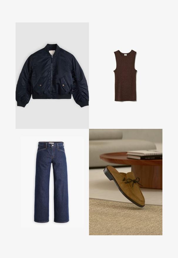 Marineblauw bomberjack met ritssluiting aan de voorkant, twee schuine klepzakken met knopen, geribde kraag, manchetten en tailleband, plat neergelegd.; Bruine mouwloze geribbelde tanktop met een ronde halslijn en een textuureffect. Heeft een aansluitend silhouet en subtiele accenten van metalen draad.; Donkerblauwe spijkerbroek met een hoge taille, wijdvallende pijpen en subtiele oranje stiksels. Bevat een sluiting met een knoop en ritssluiting aan de voorkant.; Bruine suède instaploafer met leren strikdetail en zwarte rubberen zool, met gestikte accenten en een zachte textuur.