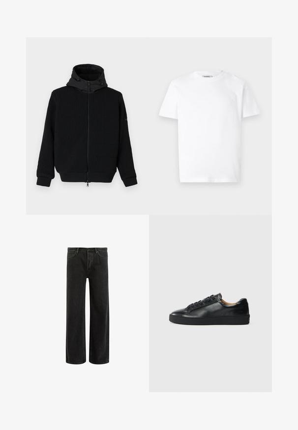 Schwarze Zip-Hoodie mit geripptem Textur, einer glatten Kapuze und Kordelzug. Verfügt über lange Ärmel und elastische Bündchen. Vorderer Reißverschluss.; Weißes Baumwoll-T-Shirt mit Rundhalsausschnitt und kurzen Ärmeln. Besitzt ein kleines, geprägtes Logo auf der linken Brust. Glatte Textur.; Schwarze, weit geschnittene Jeans aus Denim mit hoher Taille, im klassischen Fünf-Taschen-Design und subtilem Verblassen für eine strukturierte Optik.; Schwarze Leder-Sneaker mit glatter Textur, runder Zehenpartie und Schnürverschluss. Verfügt über eine dicke Gummisohle und minimalistische Marken-Details.