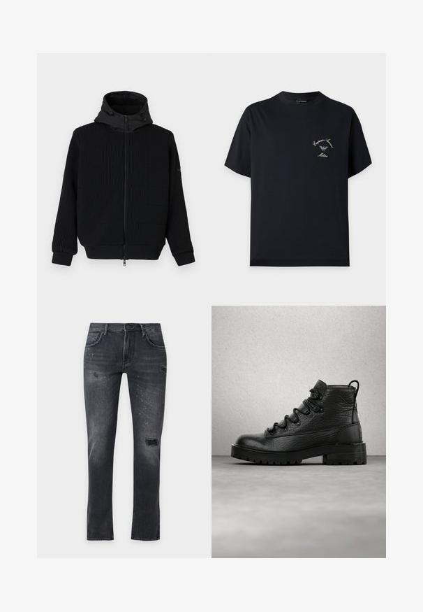 Haut de survêtement zippé noir avec texture côtelée, capuche lisse et cordon de serrage. Doté de manches longues et de poignets élastiques. Fermeture éclair à l'avant.; T-shirt noir à manches courtes avec petit logo blanc Emporio Armani et texte sur la partie supérieure gauche de la poitrine.; Jean noir slim avec des trous usés et des éclaboussures de peinture blanche, avec poches avant et arrière et passants de ceinture.; Bottines en cuir noir avec tige texturée, six œillets et semelle robuste. Comprend un passant au talon pour un enfilage facile.