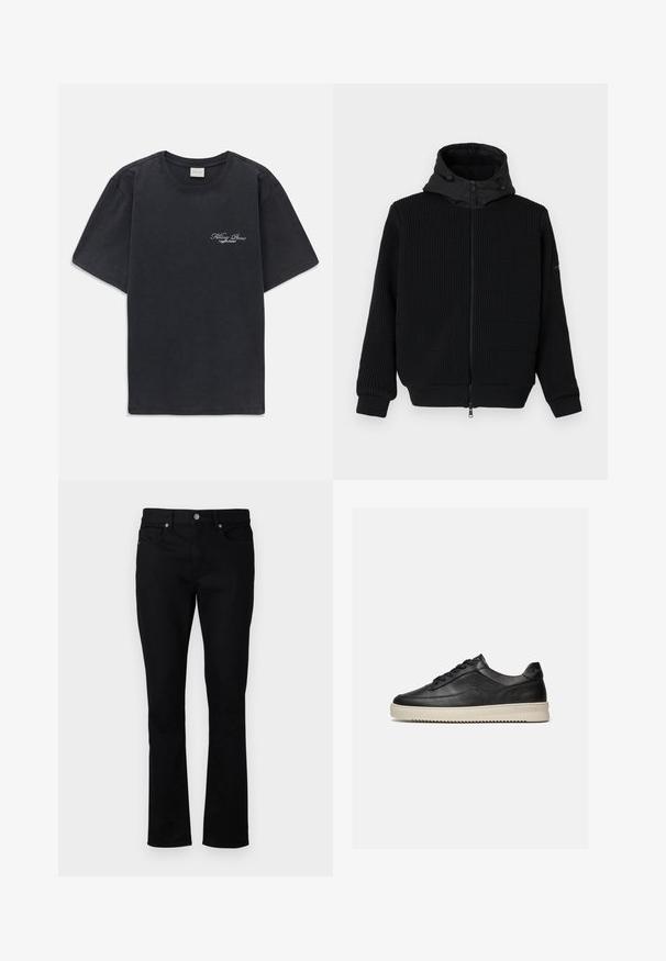 Zwarte zip-up hoodie met ribbelstructuur, een gladde capuchon en drawstring. Voorzien van lange mouwen en elastische manchetten. Voorzijde met ritssluiting.; Zwarte korte mouwen crew neck t-shirt met klein wit "Filling Pieces" tekstlogo op de linkerborst.; Zwarte denim jeans met een rechte pijp, met een middelhoge taille, vijf zakken en metalen hardware accentueert. Soepele textuur.; Zwarte lage leren sneaker met zwarte veters en een dikke off-white rubberen zool, getoond op een witte achtergrond.