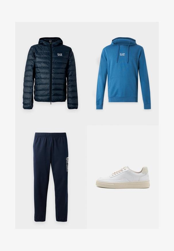 Tumesinine tikitud sulejope kapuutsiga, ees tõmblukk ja EA7 logo rinnal. Omadusteks on siledad, läikivad pinnad ja elastsed varrukapaelad.; Sinine kapuutsiga dressipluus ees tasku ja EA7 Emporio Armani logo rinnal keskelt, kapuutsil nöörid.; Tume sinised dressipüksid elastse vöökoha, kitsenevate jalgade ja valge logoga küljel. Sile kangas kergesti ja õhuliselt.; Valged tennisajalatsid, millel on sile naha pealis, beežid paelad ja tekstureeritud beežist seemisnahast kand. Tõstetud tallad lisatud kõrguse saavutamiseks.