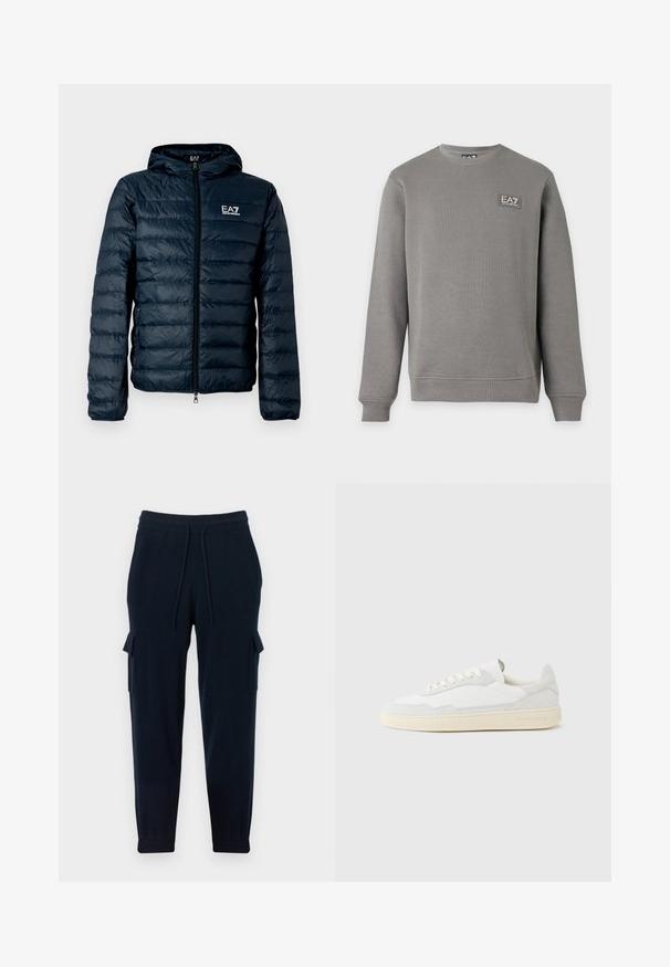 Doudoune matelassée bleu marine avec capuche, fermeture éclair à l'avant et logo EA7 sur la poitrine. Caractérisée par une texture lisse et brillante ainsi que des poignets élastiques.; Sweat-shirt gris à manches longues avec col rond, poignets et ourlet côtelés, comportant un petit patch logo EA7 Emporio Armani sur la partie supérieure gauche de la poitrine.; Pantalon de jogging marine en matière douce, avec poches cargo latérales, taille élastique avec cordon de serrage et poignets resserrés.; Baskets blanches avec dessus en daim et cuir texturé. Caractérisées par un bout arrondi, une fermeture à lacets et une semelle en caoutchouc beige contrastante.