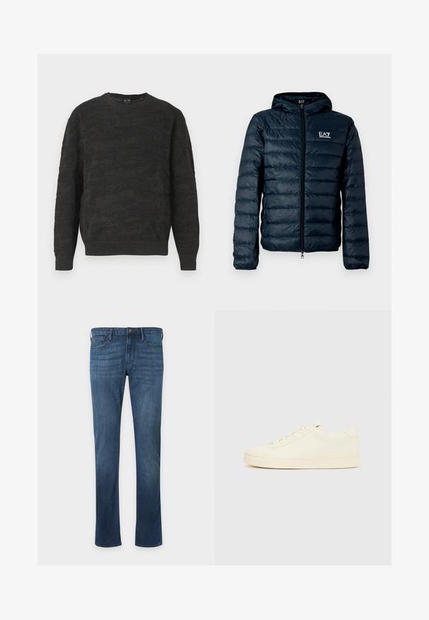 Doudoune matelassée bleu marine avec capuche, fermeture éclair à l'avant et logo EA7 sur la poitrine. Caractérisée par une texture lisse et brillante ainsi que des poignets élastiques.; Pull noir tricoté avec un motif en zigzag texturé, encolure ronde et manches longues. Le tissu présente une texture douce et respirante.; Jean en denim bleu à coupe droite avec poches avant, passants pour ceinture et fermeture par bouton, présenté sur un fond clair uni.; Baskets couleur crème avec une tige en cuir lisse, bout arrondi, laçage à l'avant et semelle en caoutchouc texturée. Design minimaliste, sans logo.