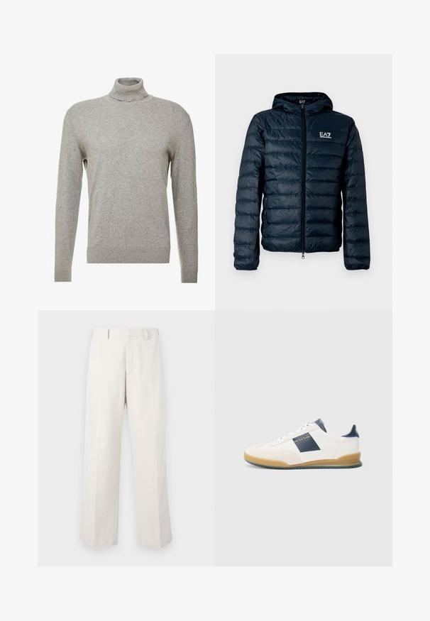 Doudoune matelassée bleu marine avec capuche, fermeture éclair à l'avant et logo EA7 sur la poitrine. Caractérisée par une texture lisse et brillante ainsi que des poignets élastiques.; Pull over gris avec un col haut et des manches longues. Fabriqué à partir d'un matériau lisse et doux, il possède une coupe ajustée et des accents côtelés au niveau de l'ourlet.; Pantalons larges en tissu léger de couleur beige clair. Possède un devant plat et ne présente aucun motif ou ornement visible.; Baskets blanches avec accent navy, en suède et cuir, bout rond et semelle en caoutchouc. Présente un logo sur le côté et à l'arrière.