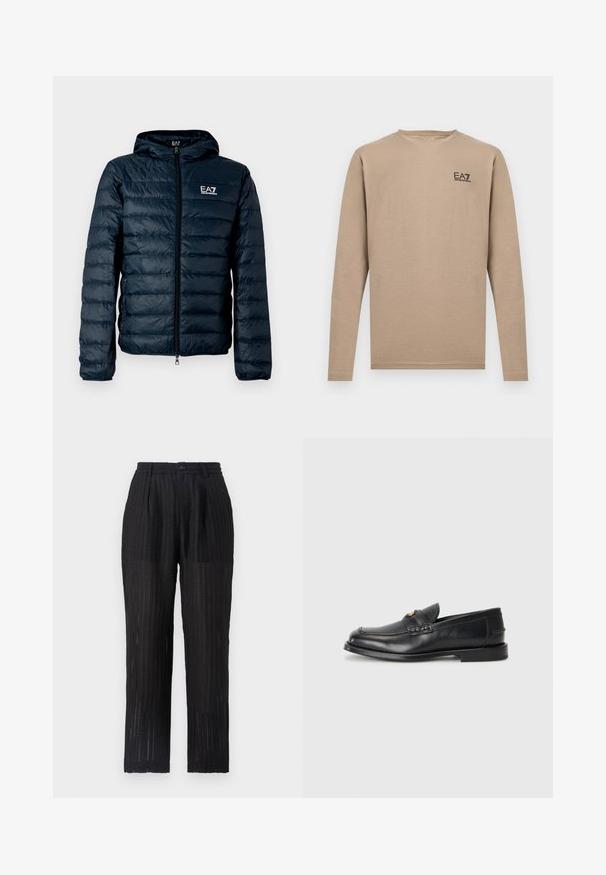 Marineblauwe doorgestikte pufferjack met capuchon, ritssluiting aan de voorkant en EA7-logo op de borst. Heeft een gladde, glanzende textuur en elastische boorden.; Beige shirt met lange mouwen en ronde hals, met een klein zwart EA7 Emporio Armani-logo op de linkerborst.; Zwarte, geplooide broek van een gestructureerde, gemusterde stof. Voorzien van een elastsiche tailleband en knoopsluiting, met een rechte pijpontwerp.; Zwarte leren instappers met een ronde neus, gestikte details en een kleine gouden accent aan de voorkant. De zool is plat en discreet.