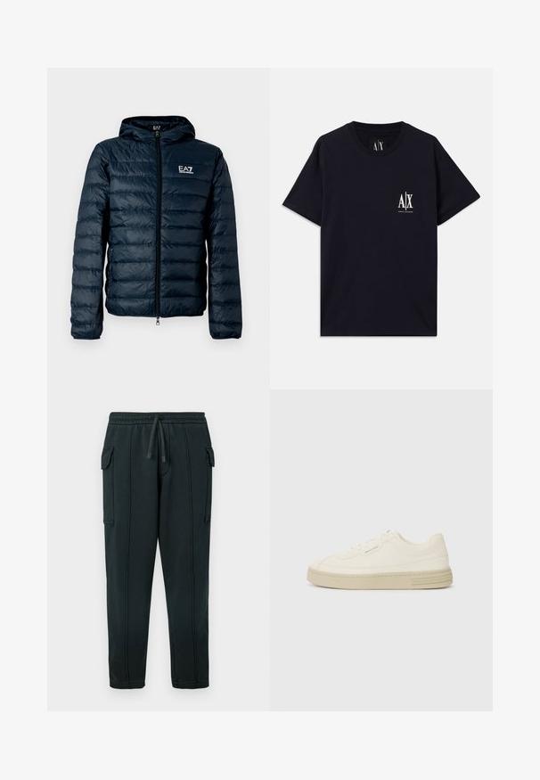 Marineblaue gesteppte Daunenjacke mit Kapuze, Reißverschluss vorne und EA7-Logo auf der Brust. Verfügt über eine glatte, glänzende Textur und elastische Bündchen.; Schwarzes Baumwoll-T-Shirt mit kurzen Ärmeln, Rundhalsausschnitt und weißem Logo auf der linken Brust. Glatte Textur und lockere Passform.; Schwarze Jogginghose mit Tunnelzug am Bund, seitlichen Taschen, Detail einer Cargo-Tasche und sichtbaren Nähten. Weicher Stoff mit entspannter Passform.; Weiße Leinen-Sneaker mit einer strukturierten Gummisohle, die eine gestickte Zehenkappe und ein Logo-Detail an der Ferse aufweisen. Einfaches Schnürdesign.