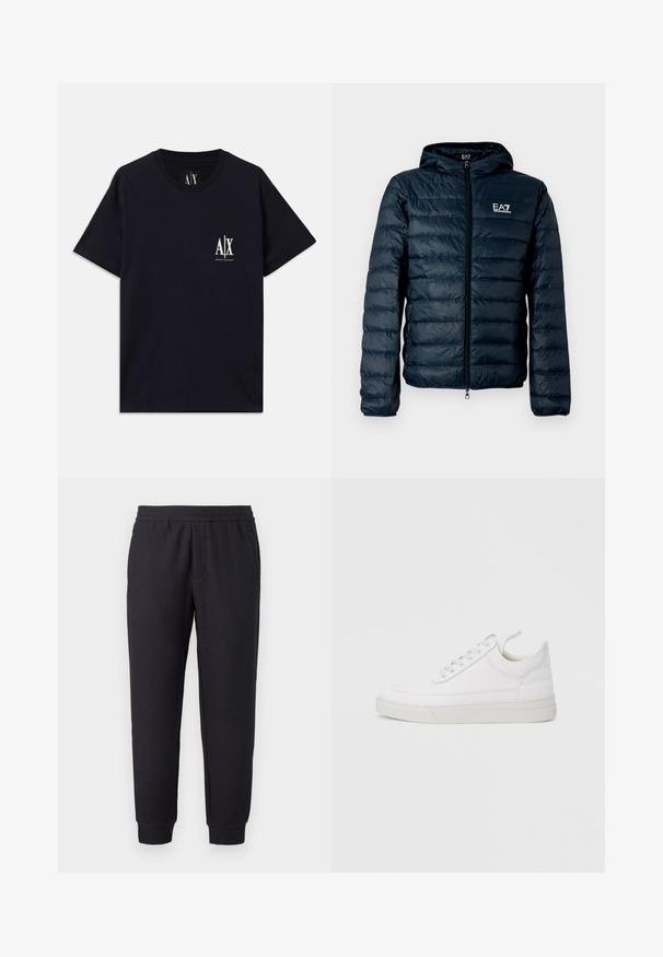 Doudoune matelassée bleu marine avec capuche, fermeture éclair à l'avant et logo EA7 sur la poitrine. Caractérisée par une texture lisse et brillante ainsi que des poignets élastiques.; T-shirt en coton noir à manches courtes, col ras du cou et logo blanc sur la poitrine gauche. Texture lisse et coupe décontractée.; Pantalon de survêtement noir à coupe conique avec taille et poignets élastiques, présentant un motif texturé subtil et des poches latérales.; Baskets en cuir blanc avec un embout arrondi, une semelle plate et un laçage à l'avant. Présentent des détails de couture et un col rembourré pour plus de confort.
