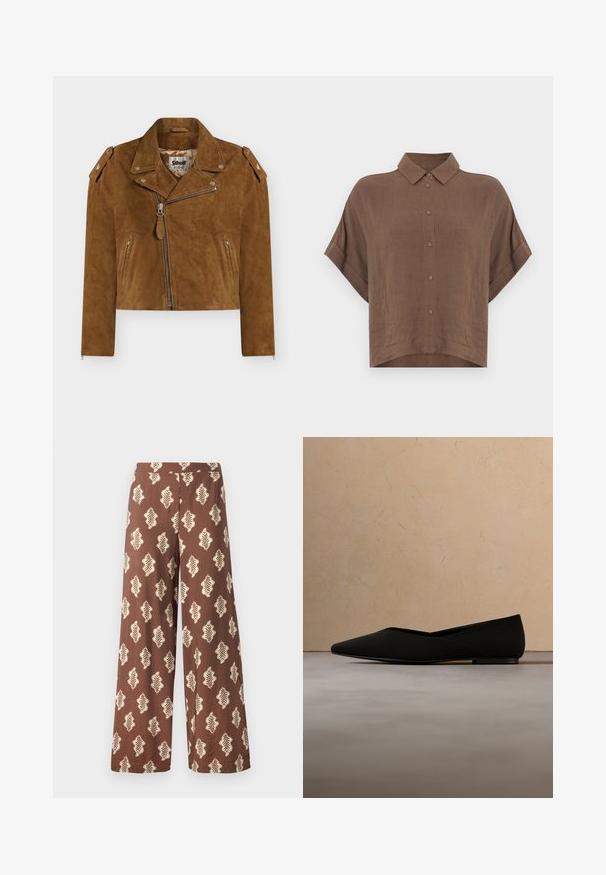 Bruine suède cropped bikerjas met asymmetrische ritssluiting, reverskraag, ritssluitingen op de zakken en schouderepauletten met sterversiering.; Bruin overhemd met korte mouwen gemaakt van lichtgewicht stof, voorzien van een klassieke kraag en knoopsluiting aan de voorkant, met een afgeknipte zoom en een losse pasvorm.; Brede bruine broek van stof met een gestructureerd oppervlak, voorzien van een herhalend bladenpatroon in crèmekleur. Elastische tailleband.; Zwarte platte schoen met puntige neus zwevend boven een beige tapijt met structuur, met op de achtergrond een ronde houten salontafel en gestapelde boeken.
