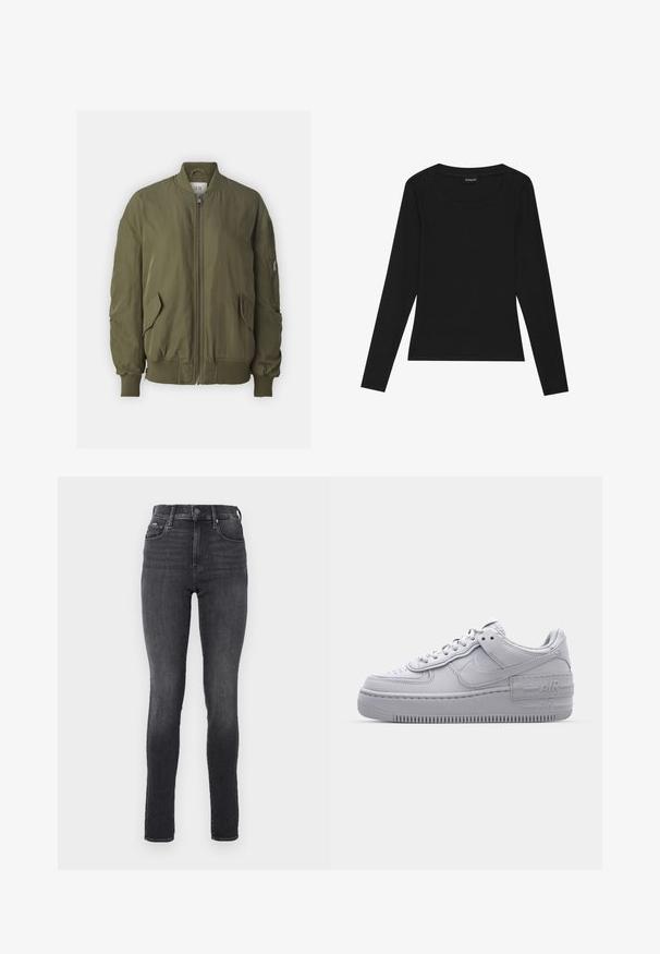 Veste bomber vert olive en tissu lisse et léger. Dotée d'une fermeture éclair à l'avant, de poches latérales et de poignets et d'un ourlet côtelés.; T-shirt noir à manches longues en maille côtelée avec un col rond et une silhouette ajustée. Le tissu a une texture lisse et une qualité extensible.; Jean skinny taille haute en denim gris foncé, texture lisse, avec poches avant et bouton en métal à la taille.; Basket en cuir lisse gris Nike Air Force 1 avec un bout perforé, une semelle épaisse et un détail 'AIR' en relief sur le talon.