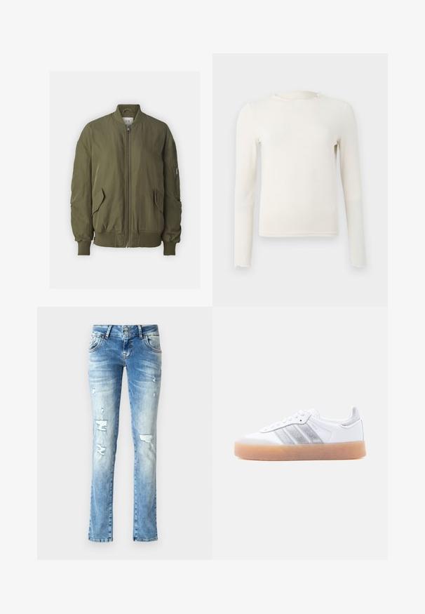 Veste bomber vert olive en tissu lisse et léger. Dotée d'une fermeture éclair à l'avant, de poches latérales et de poignets et d'un ourlet côtelés.; Haut ajusté à manches longues de couleur crème avec un col ras du cou à volants et un ourlet, présenté sur un fond gris clair uni.; Jeans en denim bleu clair avec une coupe décontractée, présentant des détails usés, une braguette à boutons avec deux boutons et des jambes droites.; Baskets basses blanches avec semelle gomme, accents argentés rayés sur le côté, et fermeture à lacets, présentées sur un fond clair uni.