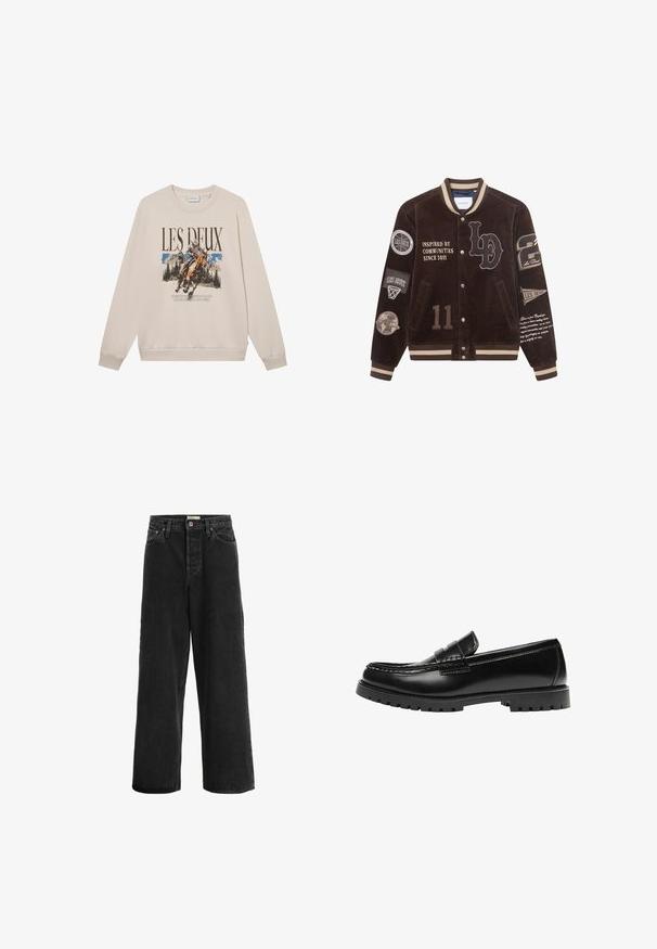 Veste varsity en velours côtelé marron avec des rayures crème contrastantes, plusieurs patchs et texte brodé. Comprend des boutons-pression et deux poches latérales.; Sweatshirt beige à manches longues, encolure ronde et motif à l'avant représentant un cavalier et des montagnes. Matière douce, coupe décontractée.; Jean noir à jambes larges en tissu denim. Présente une taille haute, deux poches avant, une fermeture à bouton et des détails de couture subtils.; Mocassin en cuir noir avec une semelle en caoutchouc épaisse et un détail classique de bride à monnaie, vu de côté extérieur.