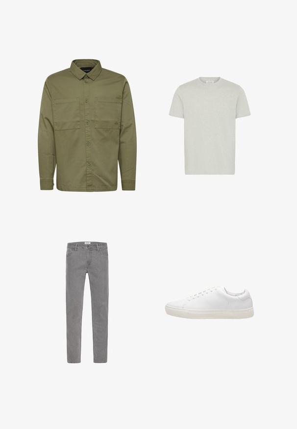 Olivgrünes Langarmhemd mit Knopfleiste, zwei Brusttaschen und Kragen. Hergestellt aus glattem Stoff mit passenden Knöpfen.; Hellgraues Baumwoll-T-Shirt mit rundem Ausschnitt und kurzen Ärmeln. Glatte Textur, einfaches Design, geeignet für Freizeitkleidung.; Graue Denim-Jeans mit geradem Schnitt. Ausstattung umfasst fünf Taschen, Gürtelschlaufen und einen vorderen Knopfverschluss. Glatte Textur, minimalistisches Design.; Weiße Leder-Sneaker mit glatter Textur, runder Zehenpartie, Schnürverschluss und flacher Gummisohle. Minimalistisches Design ohne sichtbare Muster.