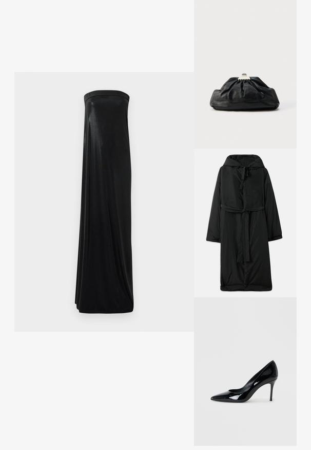 Lange zwarte gewatteerde jas met een capuchon, striksluiting en brede mouwen. Gladde textuur met een getailleerde taille en rechte zoom.; Zwart strapless maxi-jurk van glanzende, soepele stof. Heeft een getailleerde buste en een vloeiende silhoutte die de vloer raakt, zonder versieringen.; Zwarte lakschoenen met een puntige neus en een slanke stilettohak. Soepele textuur met een glanzende afwerking en een minimalistisch ontwerp.; Zwarte leren clutch met een geplooide textuur, metalen sluiting en een subtiel geperst logo aan de voorkant. Afgeronde vorm.