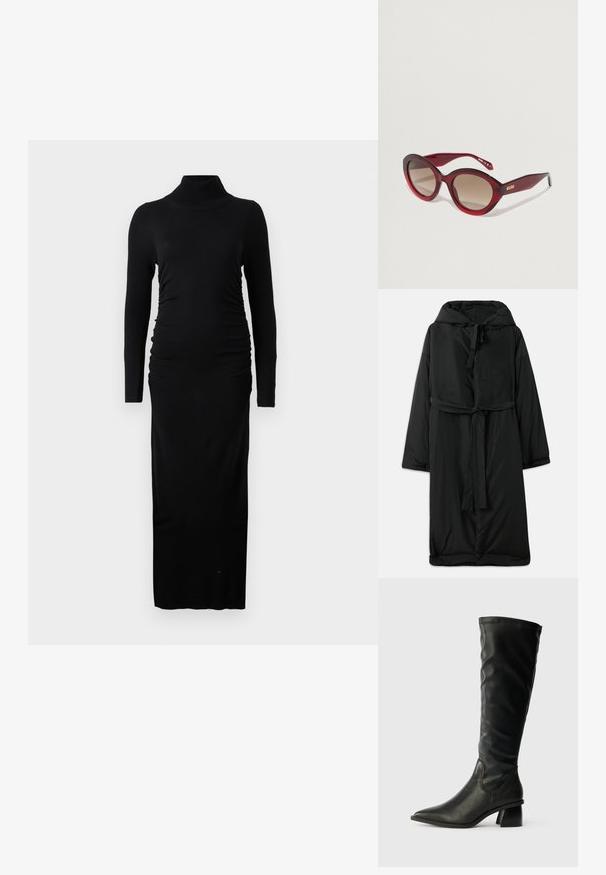 Lang sort polstret frakke med hætte, bindelukning og brede ærmer. Glat tekstur med indsnævret talje og lige kant.; Sort langærmet kjole med ribbet turtleneck, rucherede sider og en lige maxi-silhuet. Lavet af blødt, strækbart stof.; Sorte læderknæhøje støvler med spids tå, struktureret overdel og en kraftig blokhæl. Har elastiske sider for nem påtagning.; Røde plastik solbriller med oval form, gradient brune linser og guld branding på stængerne. Glat tekstur med en blank finish.
