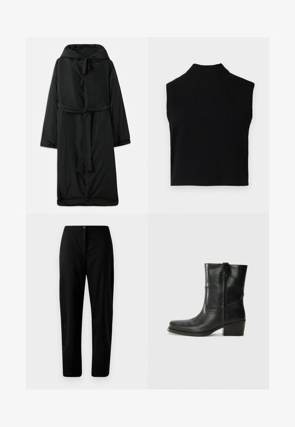 Lang sort polstret frakke med hætte, bindelukning og brede ærmer. Glat tekstur med indsnævret talje og lige kant.; Sort ærmeløs turtleneck-top med en tætsiddende pasform, lavet af blødt stof, med en ribbet halsudskæring og en glat overflade.; Sorte lige bukser med knap- og lynlåslukning, glat stof og minimal detaljering mod en ensfarvet lyse baggrund.; Sort læder ankelstøvle med rundt tå, blokhæl, lynlås i siden og stikninger på vampsiden. Glat tekstur, klassisk design.