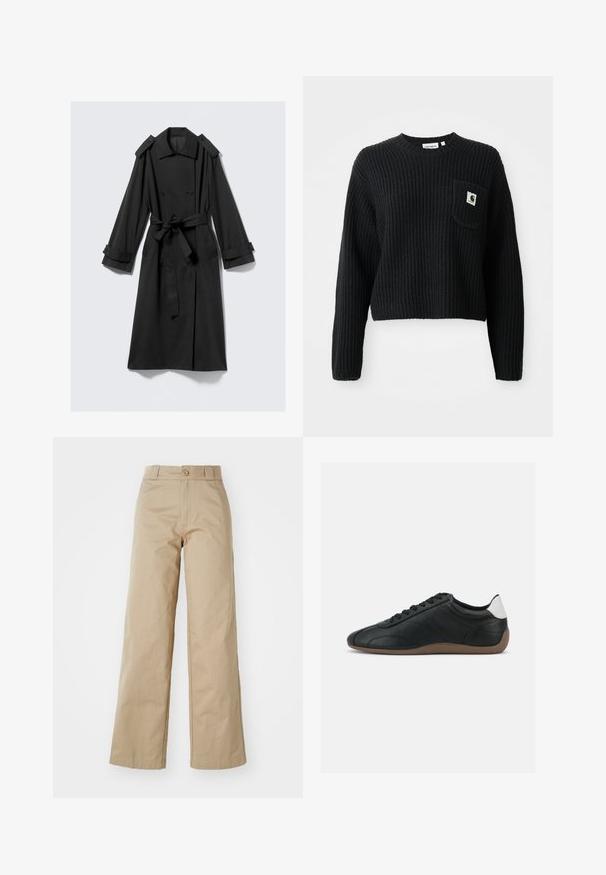 Schwarzer knöchellanger Trenchcoat aus glattem Stoff. Verfügt über eine doppelte Knopfreihe, breite Revers, Schulterklappen und einen Bindegürtel.; Schwarzer gerippter Strickpullover mit rundem Ausschnitt, langen Ärmeln und einer Fronttasche mit einem kleinen Logopatch. Verkürzte Länge.; Beige weitgeschnittene Hose aus Baumwolle, mit Knopfverschluss und Gürtelschlaufen, glatt im Griff und sauber verarbeitet.; Schwarzer niedriger Ledersneaker mit brauner Sohle, schwarzen Schnürsenkeln und weißem Fersenpatch, dargestellt auf einem schlichten hellgrauen Hintergrund.