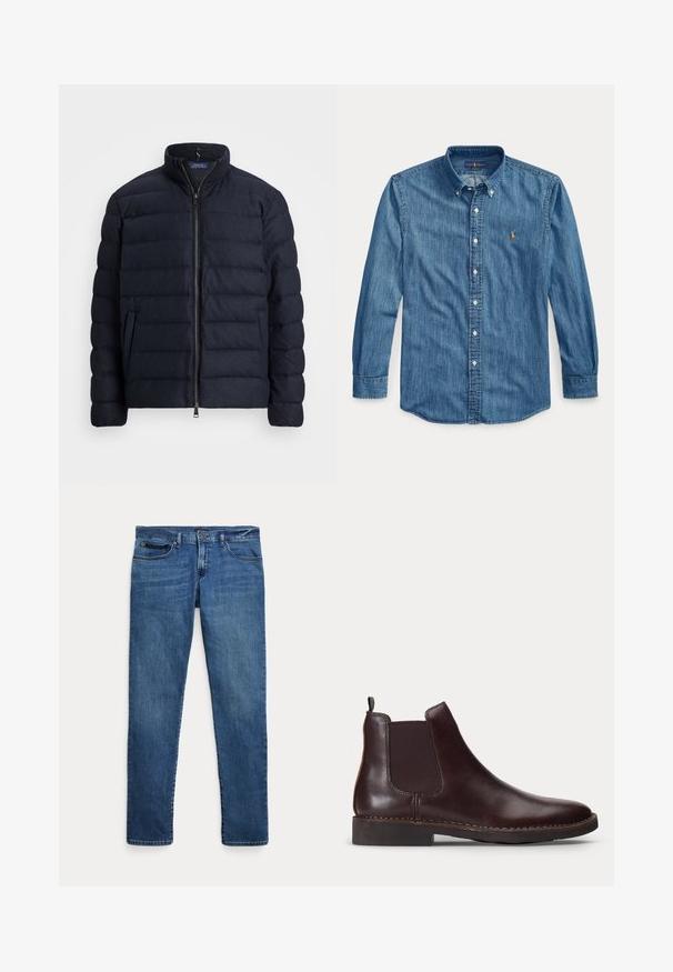 Marineblaue Daunenjacke mit Stehkragen, horizontal gestepptem Design, Frontreißverschluss und Seitentaschen. Weicher Stoff, leichtes Material.; Langärmliges blaues Jeanshemd mit Kragen und kleinem besticktem Logo auf der linken Brustseite neben den Knöpfen.; Blaue Jeans aus Denim mit schmalem Schnitt, ausgestattet mit vorderen Taschen, Gürtelschlaufen und einem Knopfverschluss vor weißem Hintergrund.; Dunkelbrauner Leder Chelsea-Stiefel mit elastischem Seitenpaneel und niedrigem Absatz, im Profil vor weißem Hintergrund gezeigt.