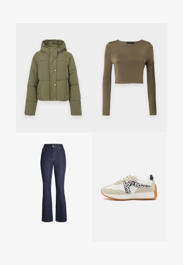 Olivenfarvet cropped pufferjakke med hætte, der har et quiltet design, trykknaplukning og sidelommer. Blød, glat tekstur.; Oliven grøn, langærmet cropped top i et glat, strækbart stof; har en rund halsudskæring og en skræddersyet pasform med færdige kanter.; Mørkeblå højhellige denim jeans med knap og lynlås foran, forlommer og let udvidede ben.; Beige og hvid sneaker med et leopardtryk-panel, tekstureret ruskind og gummisål med riller for greb. Snørebånd og polstret krave inkluderet.