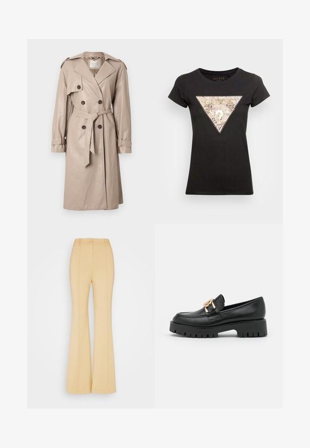 Beige læder trenchcoat med dobbeltradet front, bælte i taljen, skulderepåletter og lange ærmer med justerbare manchetter.; Sort t-shirt med korte ærmer, med et metallic leopardprint trekant design og "GUESS" logo, rund halsudskæring og fitted silhuet.; Guess Originals CLAIRE PINTUCK FLARED PANTS - Bukser - honey oat; Sorte læder loafers med en kraftig sål og guldhardware; har rund tå og syede detaljer langs overdelen.