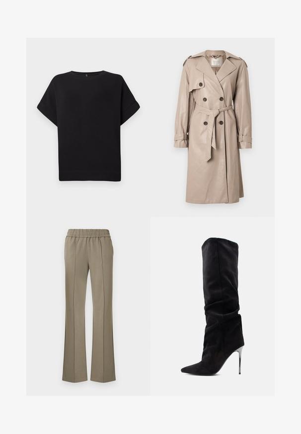 Beige leren trenchcoat met dubbele rij knopen, ceintuur in de taille, schouderepauletten en lange mouwen met verstelbare manchetten.; Zwarte short-sleeve t-shirt van zacht materiaal, met een ronde halslijn en een relaxte pasvorm, voorzien van een gestikte zoom en zonder zichtbare patronen.; Lichtbruine, rekbare broek met een elastische tailleband, met voorsneden en wijde pijpen, gemaakt van zachte stof met een gladde textuur.; Zwarte suède laars tot aan de knie met een puntige neus en een naaldhak; heeft een geplooide textuur langs de schacht en een gladde afwerking.
