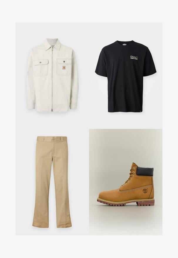 Hellbeige Jacke zum Hochziehen mit feinen vertikalen Streifen, zwei Brusttaschen mit Knöpfen und einem kleinen Carhartt-Logo auf der rechten Tasche.; Schwarzes Baumwoll-T-Shirt mit kurzen Ärmeln. Verfügt über ein gesticktes Logo "Dickies Donut House" im linken Brustbereich. Klassisches Rundhaldesign.; Beige Schlaghose aus einem Baumwollmix, mit Knopfverschluss, Gürtelschlaufen und flacher Vorderseite mit glatter Textur.; Brauner Leder-Stiefelette mit schwarzem Kragen, gelben Schnürsenkeln und hellbrauner Sohle. Verfügt über ein Logo und weiße Ziernähe. Robuste Profilsohle.