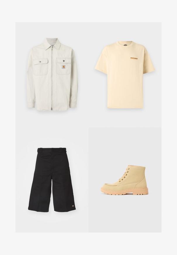 Chaqueta beige claro con cremallera, con sutiles rayas verticales, dos bolsillos en el pecho con botones y un pequeño logo de Carhartt en el bolsillo derecho.; Camiseta beige de manga corta Dickies con pequeño logo naranja y negro en el pecho izquierdo, cuello redondo, diseño sencillo.; Pantalones cortos de pierna ancha en negro, hechos de un tejido duradero. Presentan una textura suave y un pequeño logo en el dobladillo. Cuatro trabillas en la cintura.; Botas de tobillo de ante beige con suela de goma beige, que presentan un diseño de cordones y costuras visibles a lo largo de los bordes.