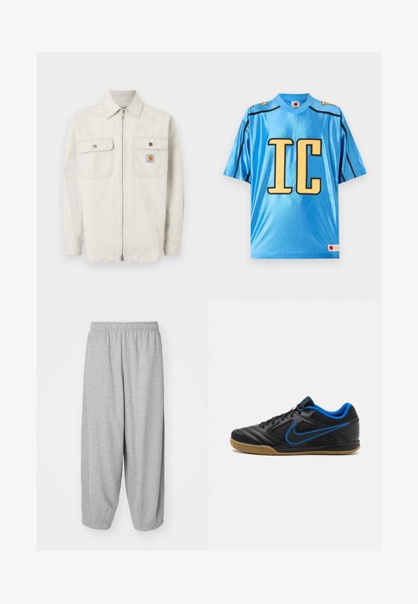 helebeežist beige tõmblukuga jakk peenikeste vertikaalsete triipudega, kahe nööbitava rinnataskuga ja väikese Carhartti logoga paremal taskul.; Särav sinine lühikeste varrukatega spordisärk, millel on suured kollased tähed "IC" ning mustad ääristega detailid õlgadel ja külgedel.; Heledad hallid, lõdva istuvusega treeningpüksid, mis on valmistatud pehmest kangast. Elastsest materjalist vöökoht ja soonikud pahkluude juures. Lihtne ja kaunistusteta disain.; Must have sinine aksendiga mustad spordijalatsid, tekstuuriga sünteetilisest materjalist ülemine osa, lukkside ja kummist rubberist tald. Omab silmapaistvat külglogo detailet.
