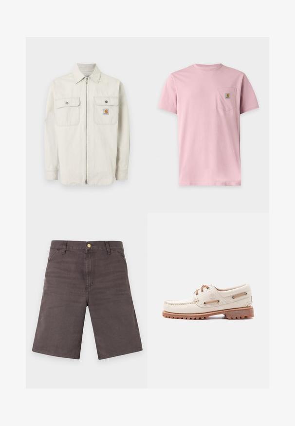 Veste beige clair à fermeture éclair avec des rayures verticales discrètes, deux poches poitrine à bouton, et un petit logo Carhartt sur la poche droite.; T-shirt rose uni à manches courtes avec une poche poitrine comportant un petit patch rectangulaire avec le logo Carhartt.; Shorts gris foncé longueur genou avec poches avant, passants pour ceinture et fermeture à bouton métallique sur un fond clair.; Chaussure bateau en cuir beige avec lacets marron, bout cousu, logo Timberland sur le côté, et semelle en caoutchouc texturée pour une meilleure adhérence.