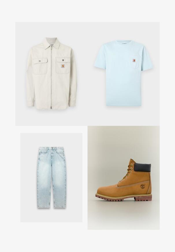 Hellbeige Jacke zum Hochziehen mit feinen vertikalen Streifen, zwei Brusttaschen mit Knöpfen und einem kleinen Carhartt-Logo auf der rechten Tasche.; Hellblaues T-Shirt mit kurzen Ärmeln und Rundhalsausschnitt, mit Brusttasche, die ein kleines braunes und orangefarbenes Carhartt-Logo-Patch trägt.; Helle blaue Denim-Jeans mit weitem Schnitt, geradem Bein, verblasster Textur, Fünf-Taschen-Design und Metallknopfverschluss am Bund.; Brauner Leder-Stiefelette mit schwarzem Kragen, gelben Schnürsenkeln und hellbrauner Sohle. Verfügt über ein Logo und weiße Ziernähe. Robuste Profilsohle.