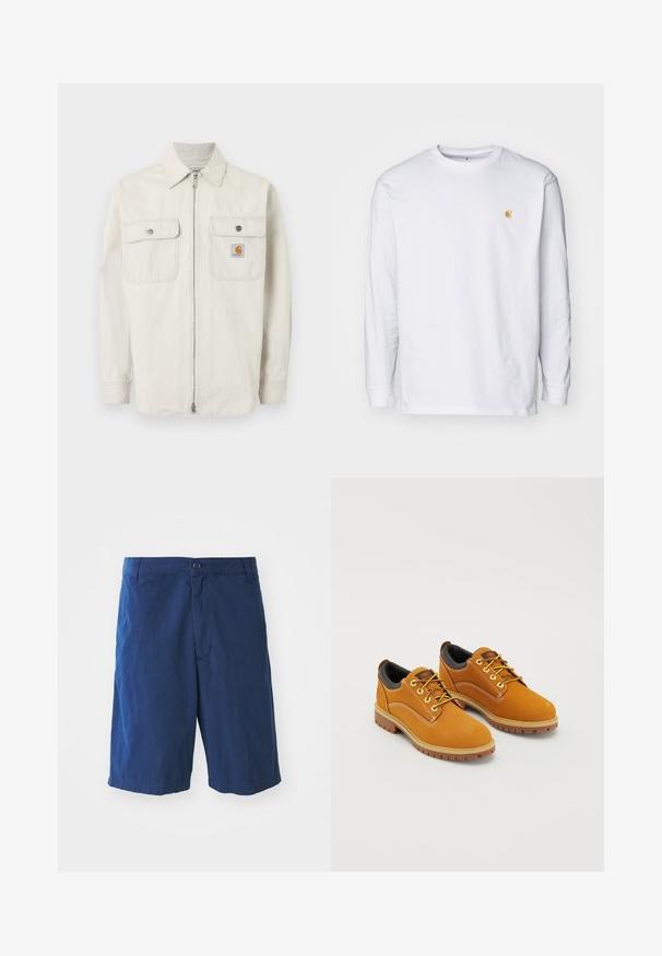 Veste beige clair à fermeture éclair avec des rayures verticales discrètes, deux poches poitrine à bouton, et un petit logo Carhartt sur la poche droite.; T-shirt à manches longues blanc en coton. Présente un petit logo doré sur la poitrine et un col rond. Design simple et coupe standard.; Bermuda en coton bleu marine avec une fermeture à bouton à l'avant, des poches latérales et une coupe droite, présentant une texture lisse et sans motifs visibles.; Chaussures en daim marron avec un bout rond, des lacets jaunes, un col rembourré noir et des semelles en caoutchouc avec des rainures de traction.